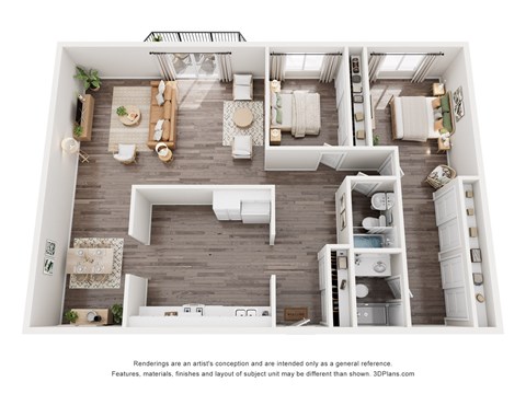 Floor plan for 2 beds, 2 baths, 1235 sqft